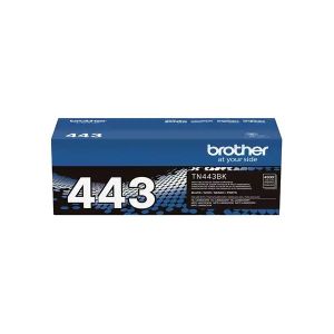 Brother TN-443 Black Toner Cartridge. A compact, rectangular cartridge with a black exterior. The cartridge features the Brother logo and product information on the label, indicating its compatibility with Brother printers. It is a genuine Brother product