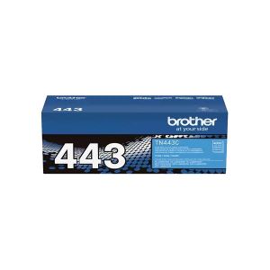 Brother TN-443 Cyan Toner Cartridge. A compact, rectangular cartridge with a cyan exterior. The cartridge features the Brother logo and product information on the label, indicating its compatibility with Brother printers. It is a genuine Brother product d