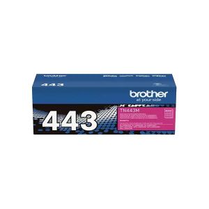 TN-443 Magenta Toner Cartridge. A compact, rectangular cartridge with a vibrant magenta exterior. The cartridge features the Brother logo and product information on the label, indicating its compatibility with Brother printers. It is a genuine Brother pro